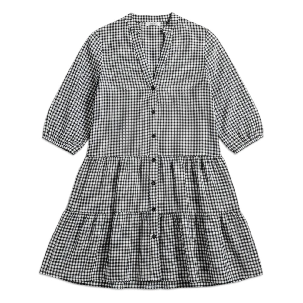 Tiered Mini Dress Womens Medium Black White Gingham Checkered Cottagecore